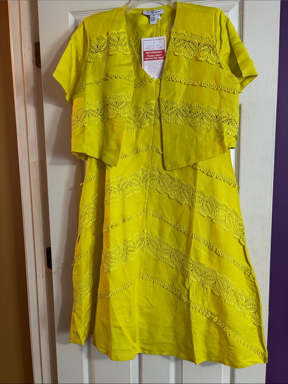 Bright Yellow Lace-Trim Women’s Dress with Matching Jacket